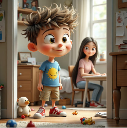Cartoon boy in a room with toys and a girl at a desk.