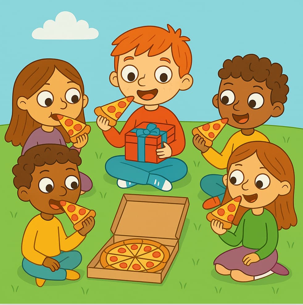 Cartoon children enjoying pizza and a gift on a grassy field with a blue sky.