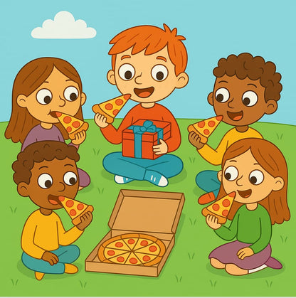 Cartoon children enjoying pizza and a gift on a grassy field with a blue sky.