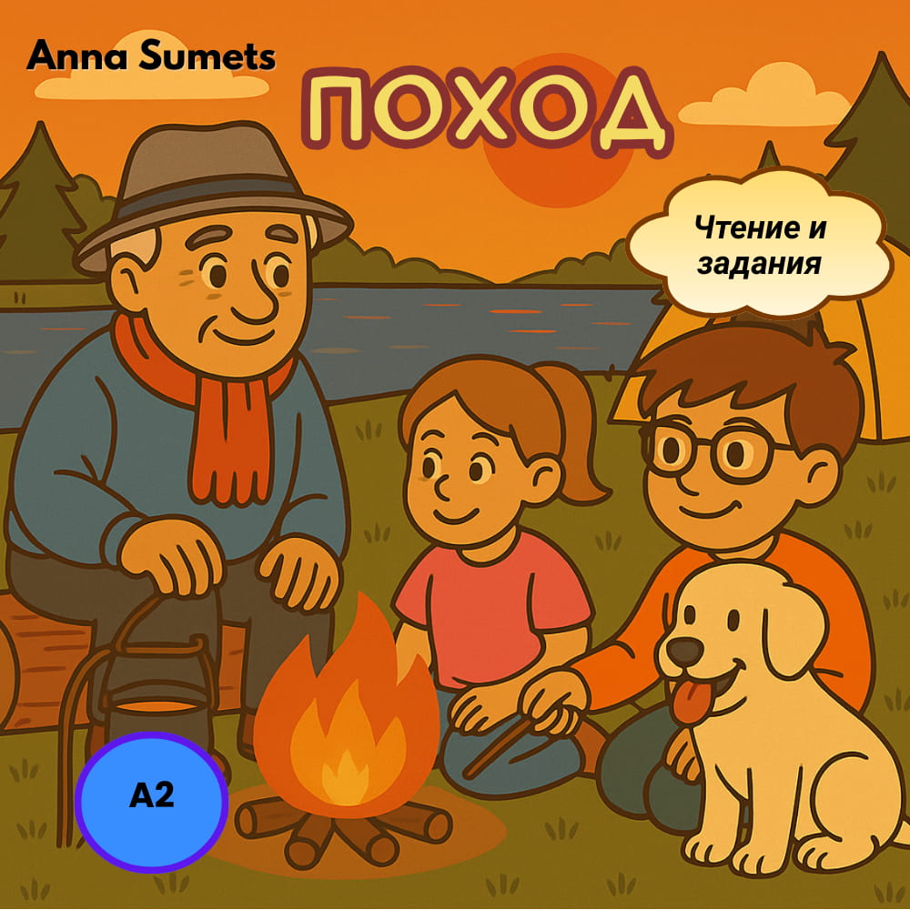 Illustration of a family around a campfire with a dog, featuring Anna Sumets&