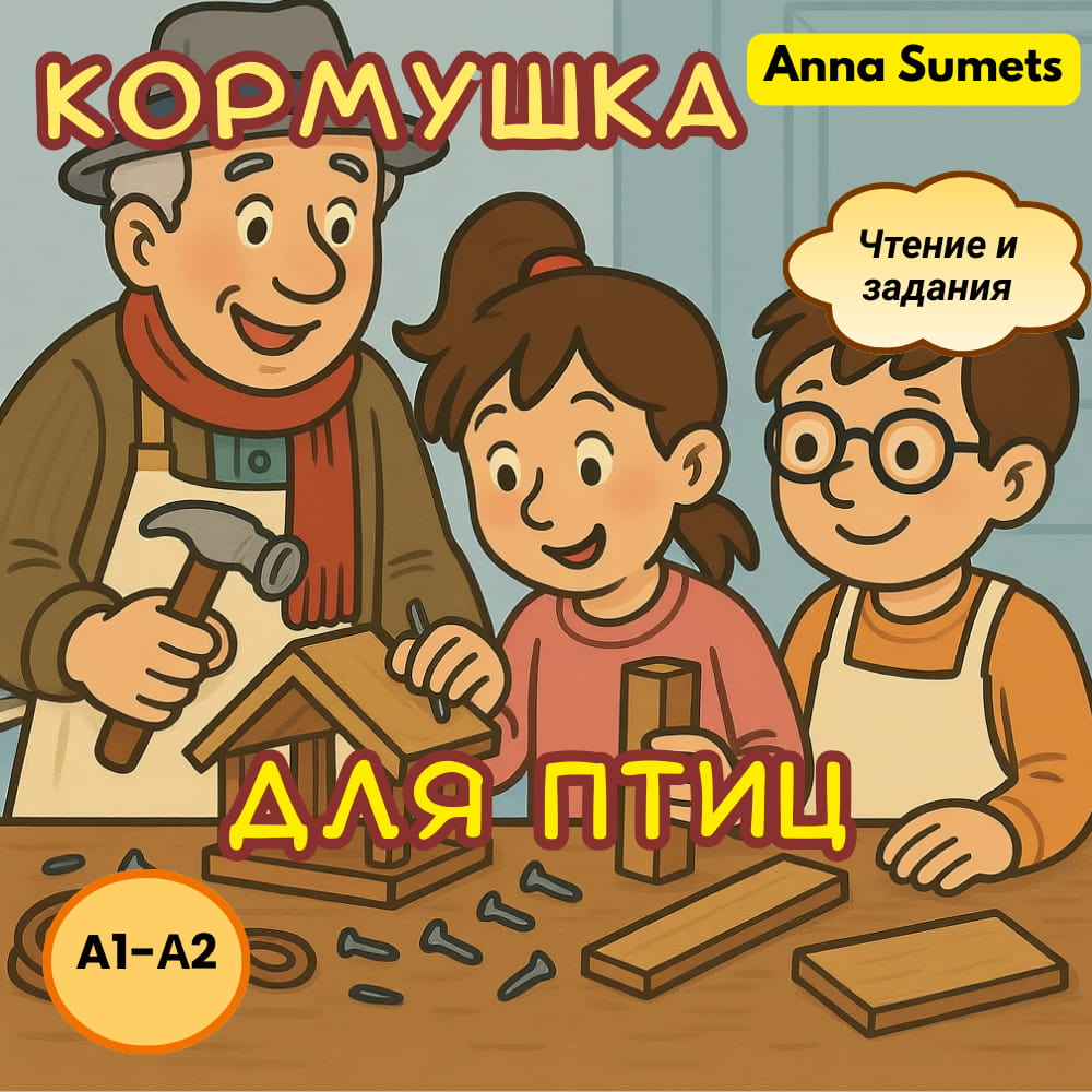 Illustration of a man and two children working on a wooden project with tools, featuring the text &