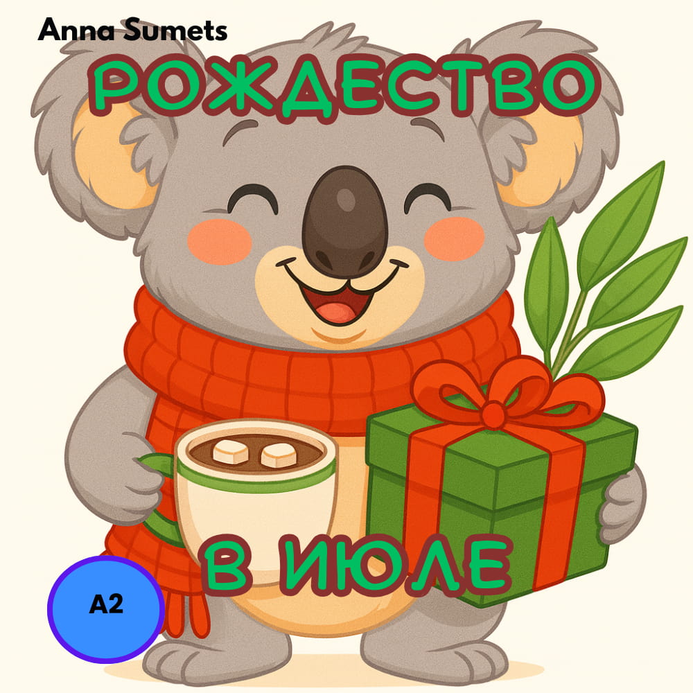Cartoon koala in a red scarf holding a gift and hot chocolate with text overlay on a white background