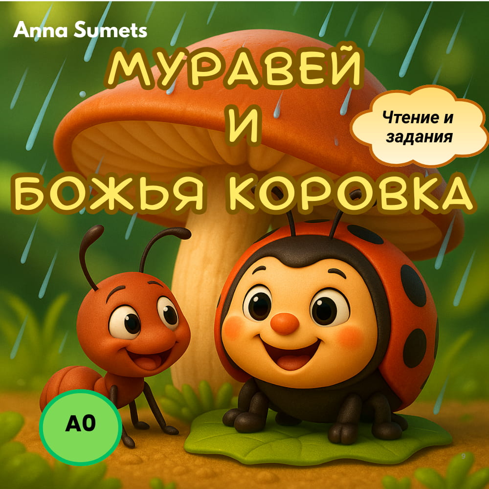 Cartoon ant and ladybug under a mushroom with rain, featuring Russian text and Anna Sumets&