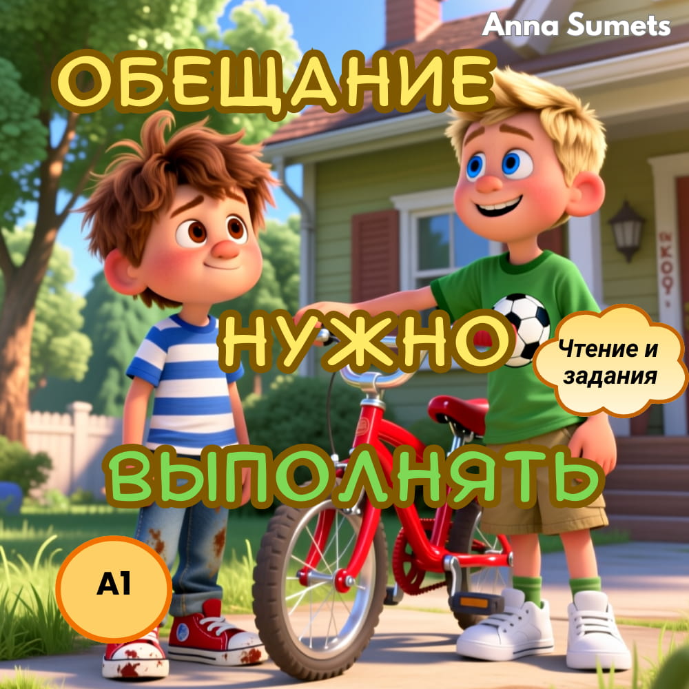 Two animated children with a bicycle in front of a house, with text overlay in Russian.