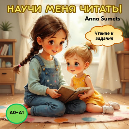 Illustration of two children reading a book with text about reading and homework, set in a cozy room.