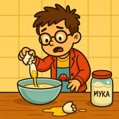 Cartoon character cracking an egg into a bowl with a jar labeled &