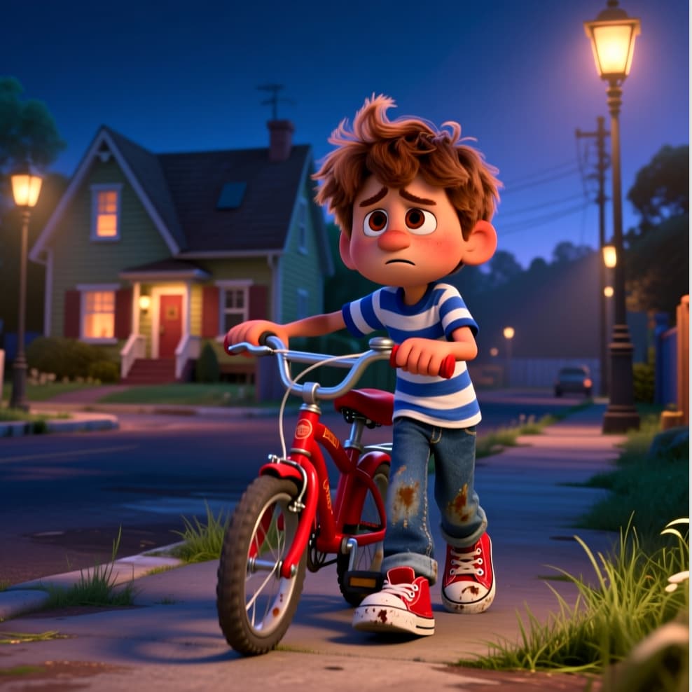 Animated character with a red bicycle on a suburban street at night.