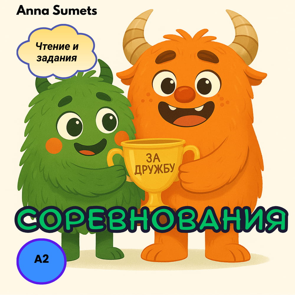 Two cartoon characters, one green and one orange, holding a trophy with text above and below them on a beige background.