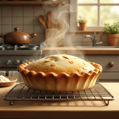 Steaming pie on a cooling rack in a kitchen