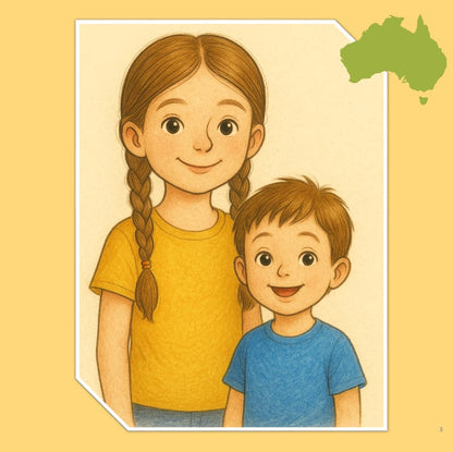 Illustration of two children with a map of Australia on a yellow background