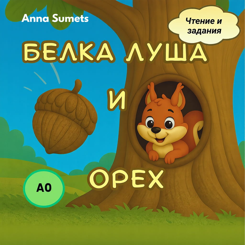 Book cover with a cartoon squirrel in a tree hole, acorn, and blue sky background.