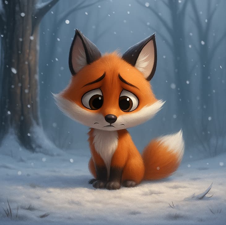 Cartoon fox in a snowy forest