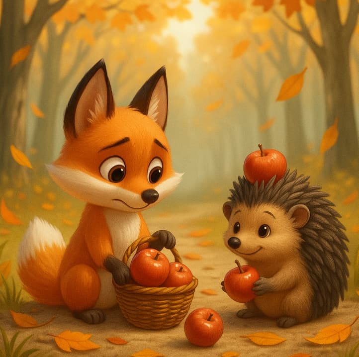 Cartoon fox and hedgehog with apples in an autumn forest