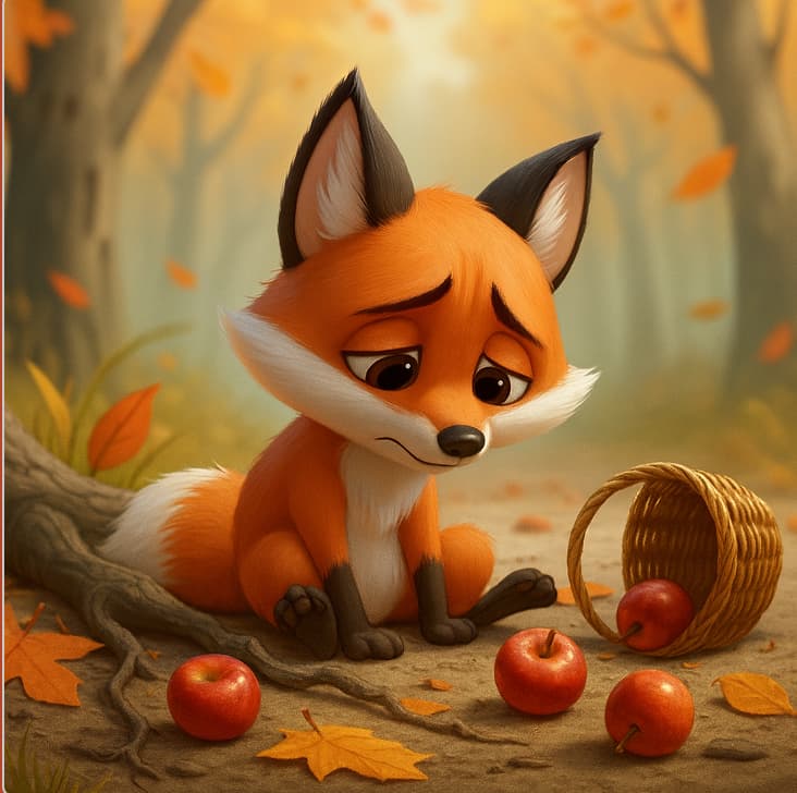 Cartoon fox sitting among apples and a basket in an autumn forest setting