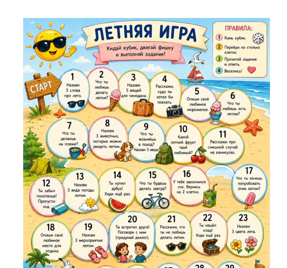 Educational game board with summer theme and Russian text