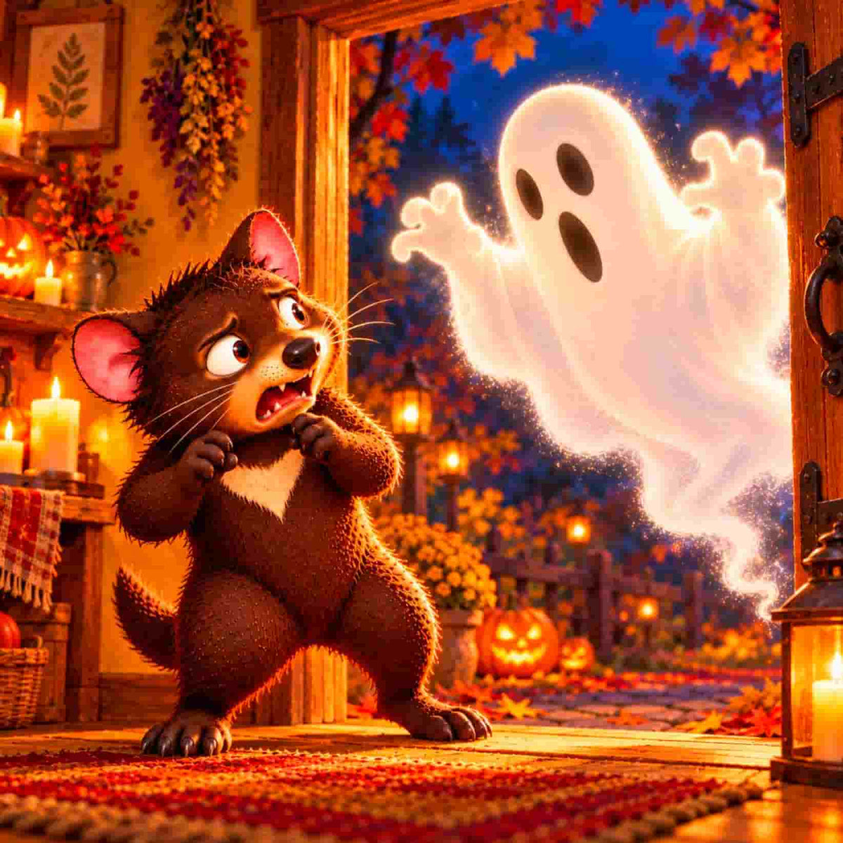 A cute 3D-rendered brown mouse wearing a ghost costume stands in a warmly lit doorway, looking surprised and scared as a glowing white ghost floats outside in an autumn garden.