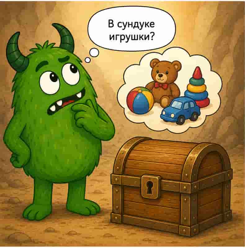 A cartoon green monster with horns stands beside a wooden treasure chest, thinking about toys inside, with a speech bubble showing a teddy bear, ball, toy car, and stacking toy.
