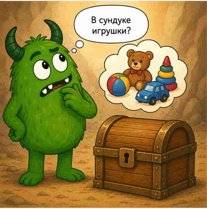 A cartoon green monster with horns stands beside a wooden treasure chest, thinking about toys inside, with a speech bubble showing a teddy bear, ball, toy car, and stacking toy.