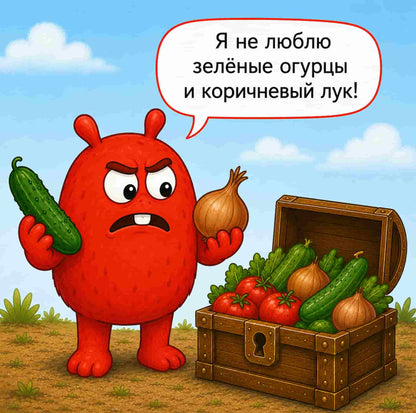 A cartoon red monster stands in a field holding a cucumber and an onion, with a speech bubble in Russian saying it does not like green onions and brown onion. An open wooden chest filled with vegetables sits beside it under a blue sky with clouds.