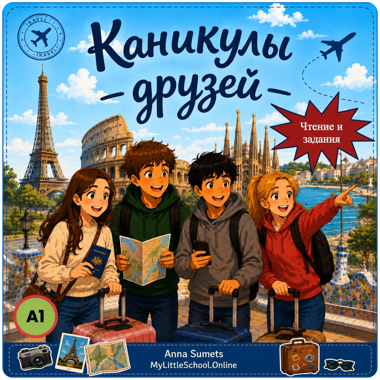 Book cover with four children on a world travel adventure, featuring famous landmarks.